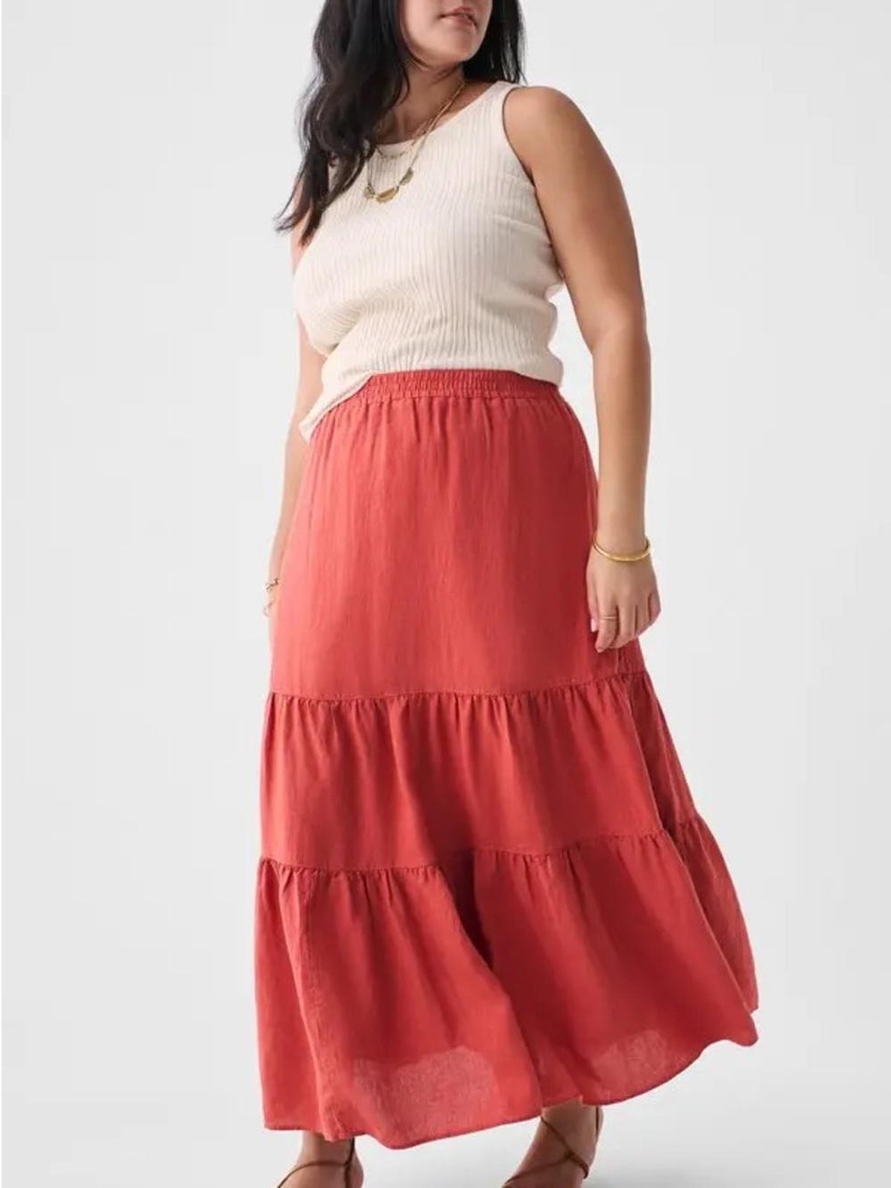 Faherty Cala Tiered Linen Maxi Midi Skirt Tandoori Spice Rust Red